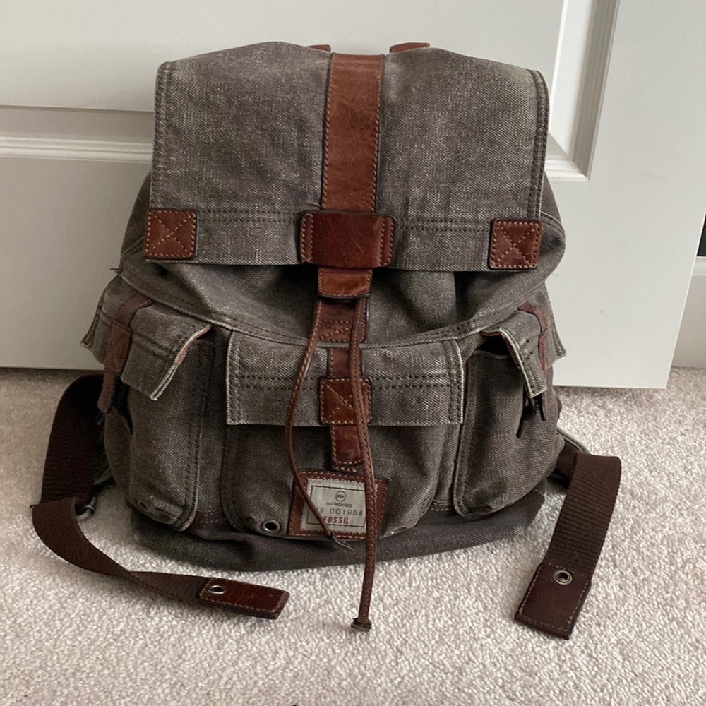 Fossil Olive Green Canvas & Leather Backpack w Dark Orange interior